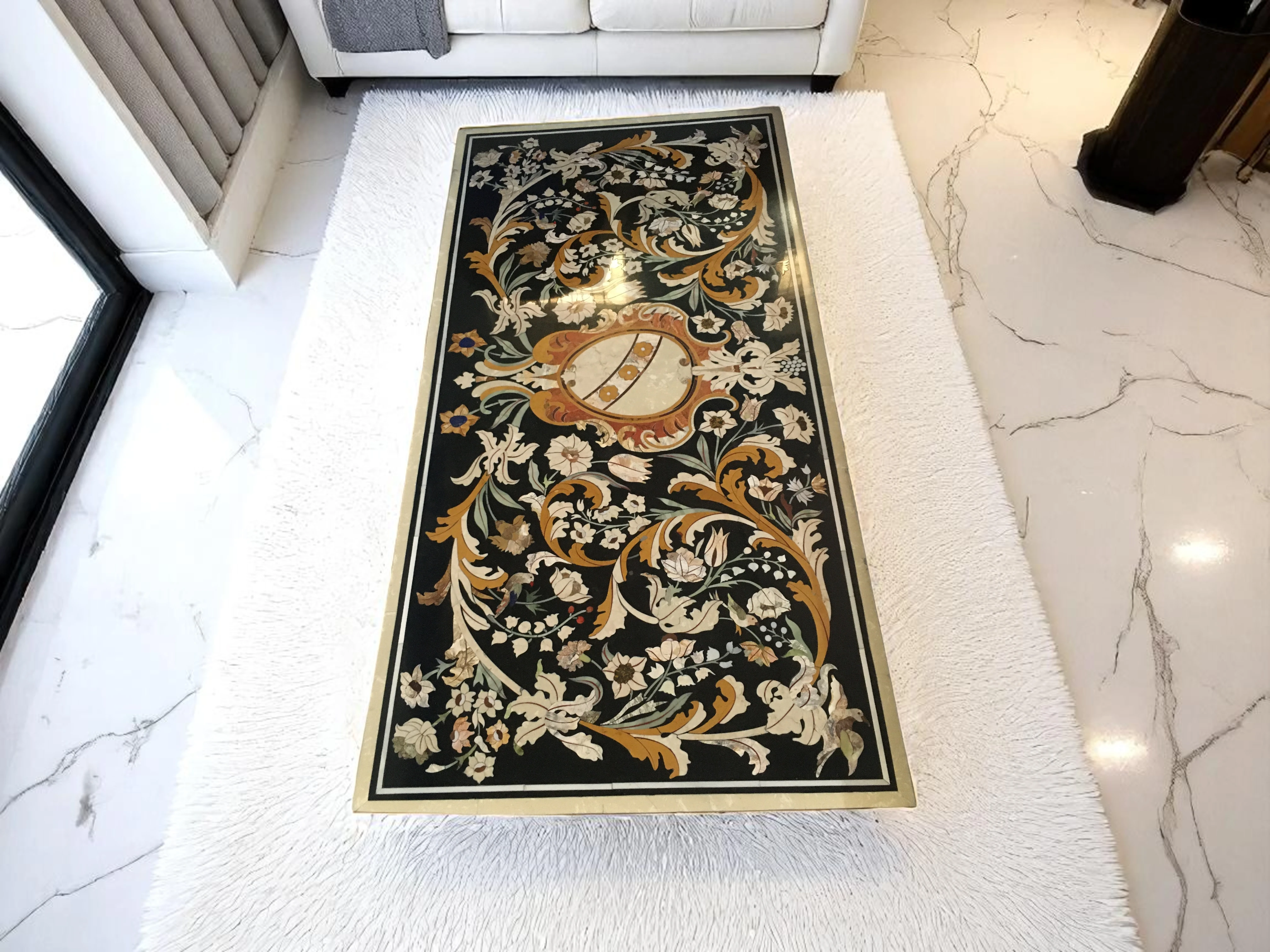 Handmade Inlay Marble Center Table Pietra Dura  17th-Century Mughal Designs